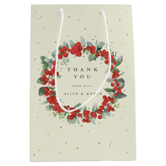 Red Berry+Eucalyptus Christmas/Holiday Thank You Medium Gift Bag (Front)