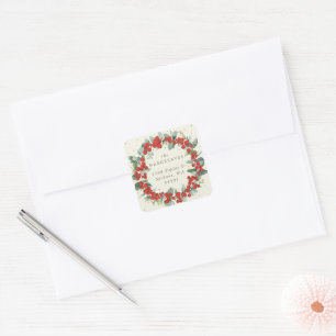 Red Berry+Eucalyptus Holiday Wreath Address Square Sticker