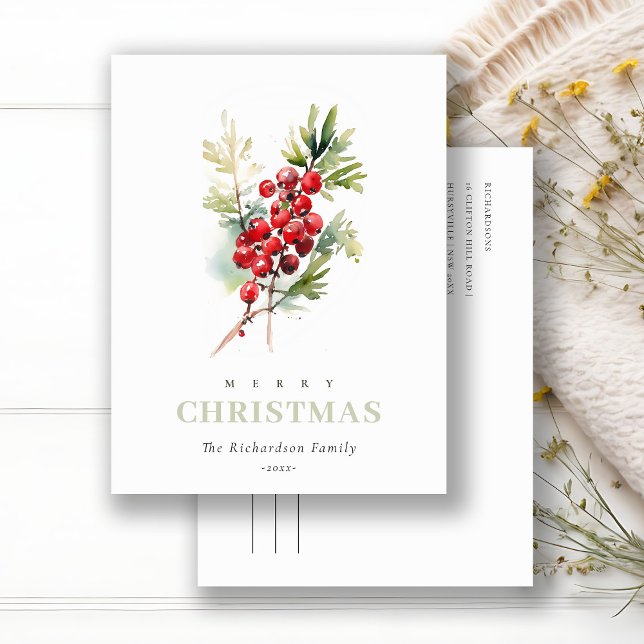 Red Berry Fir Winter Christmas Foliage Watercolor Holiday Postcard (Creator Uploaded)