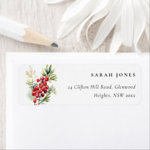 Red Berry Fir Winter Christmas Foliage Watercolor Return Address Label