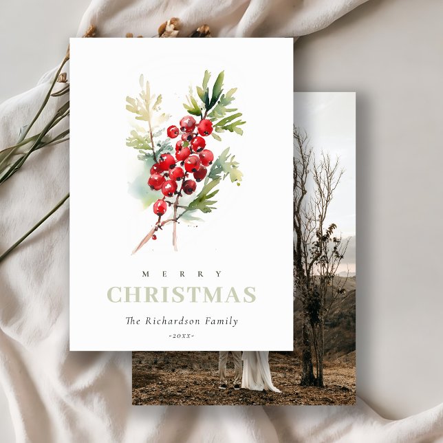 Red Berry Fir Winter Christmas Photo Watercolor Holiday Card (Creator Uploaded)