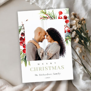 Red Berry Fir Winter Christmas Watercolor Photo Holiday Card