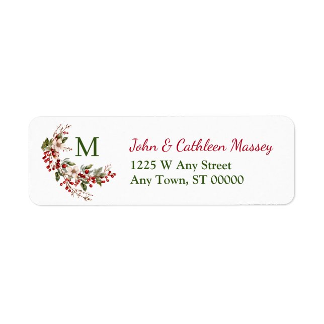 Red Berry Flower Monogram Christmas Return Address Label (Front)