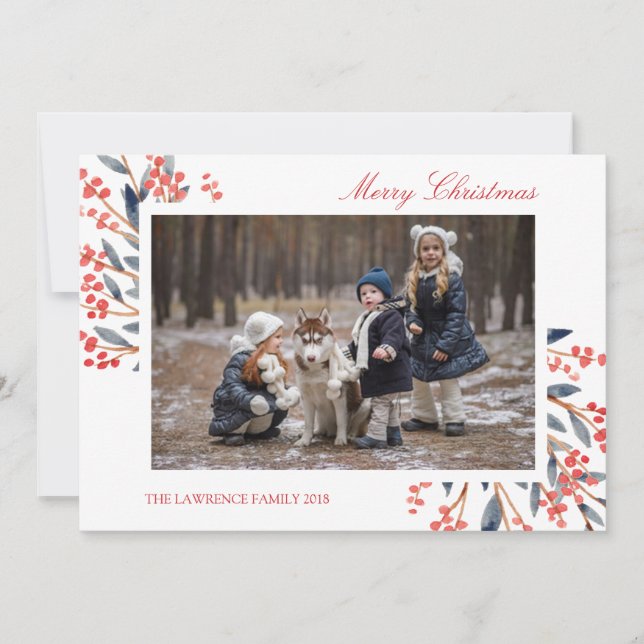 Red Berry Foliage Christmas Holiday Photo Card (Front)