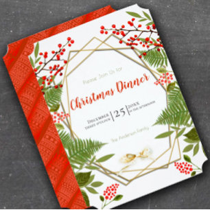 Red Berry Gold Geometric Frame Christmas Holiday Invitation