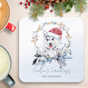 Red Berry Gold Wreath Siberian Husky Dog Christmas Square Paper Coaster