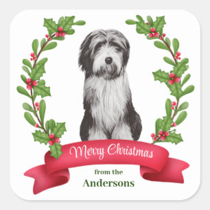 Red Berry Holly Banner Beardie Dog Christmas Square Sticker