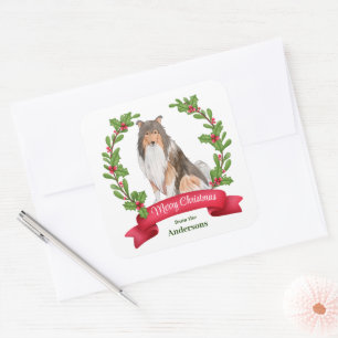 Red Berry Holly Banner Collie Dog Christmas Square Sticker