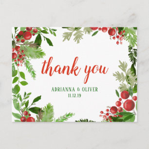 Red Berry Holly Leaves Christmas Wedding Thank You Postcard