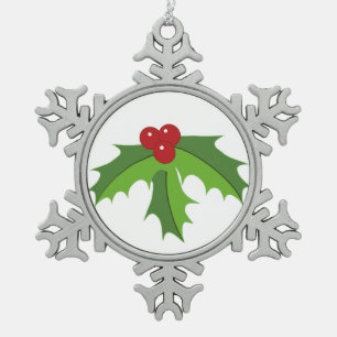 Red Berry Holly Snowflake Pewter Christmas Ornament