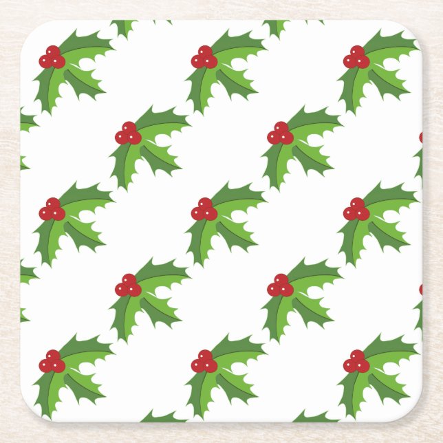 Red Berry Holly Square Paper Coaster (Front)