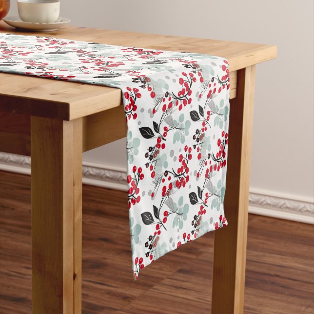 Red Berry Mistletoe Christmas Pattern Short Table Runner (In Situ)