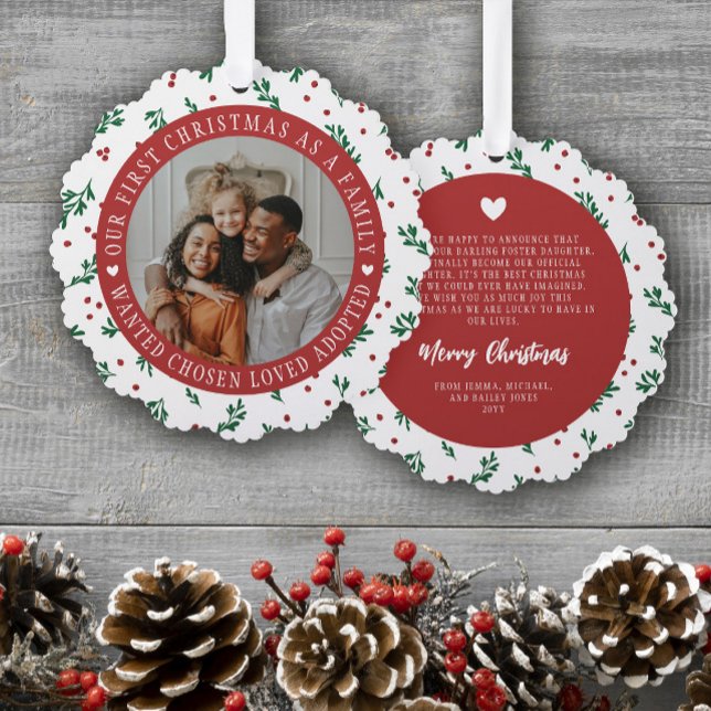 Red Berry Pattern First Christmas Adopted Family Tree Decoration Card (Creator Uploaded)