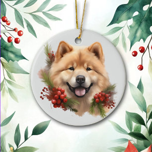 Red Berry Pine Shiba Inu Dog Ceramic Ornament