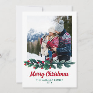 Red Berry & Silver Green Greenery Merry Christmas Holiday Card