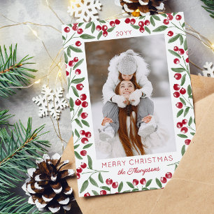 Red Berry Sprig Frame Merry Christmas Photo Holiday Card