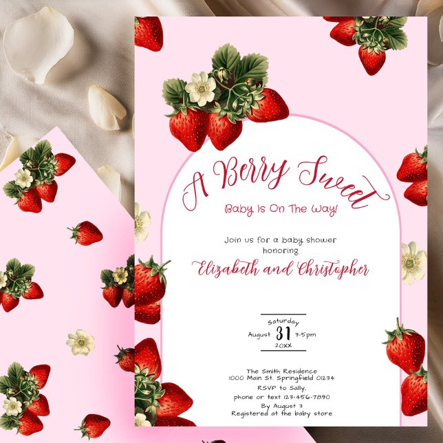 Red Berry Sweet Strawberry Pink Girl Baby Shower Invitation (Creator Uploaded)