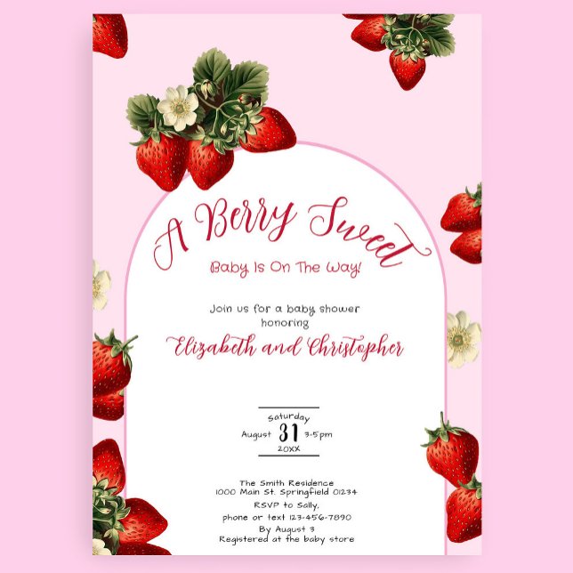 Red Berry Sweet Strawberry Pink Girl Baby Shower Invitation (Creator Uploaded)