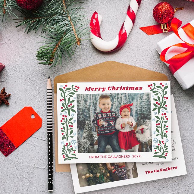 Red Berry Twig Snowflakes Frame Merry Christmas Holiday Card (Creator Uploaded)