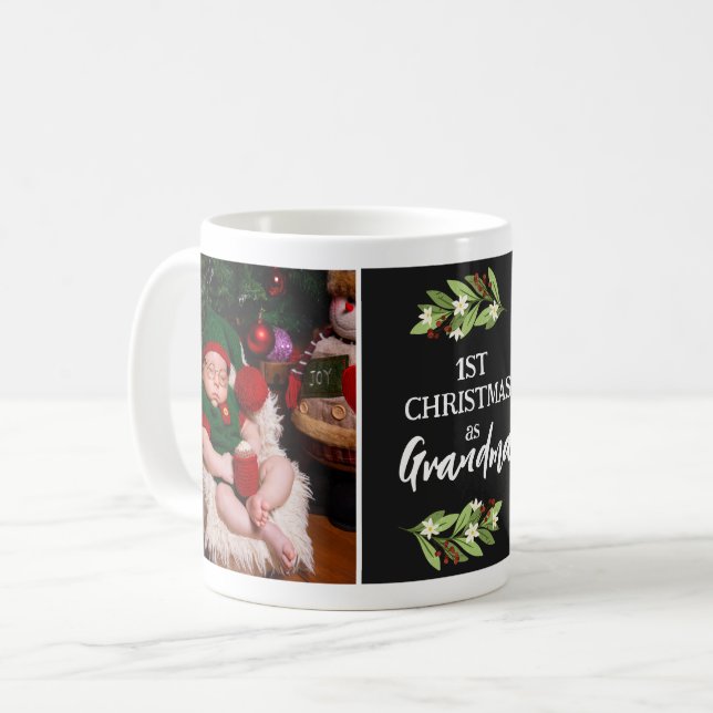 Red Berry Twigs 1st Christmas As Grandma Photo Coffee Mug (Front Left)