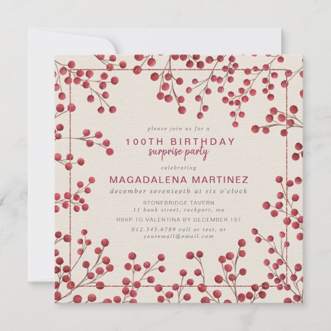 Red Berry Winter 100th Birthday Surprise Party Invitation (Front)