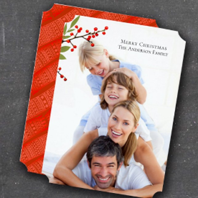 Red Berry Winter Green with Family Christmas Photo Invitation (Creator Uploaded)