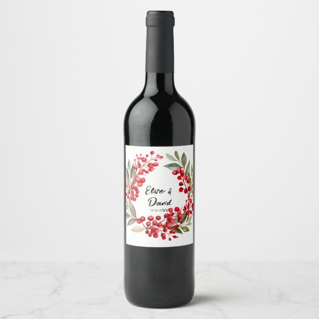 Red Berry Wreath Christmas Wedding Wine Label (Front)
