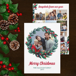 Red Berry Wreath Merry Christmas Photo Snapshots Holiday Card
