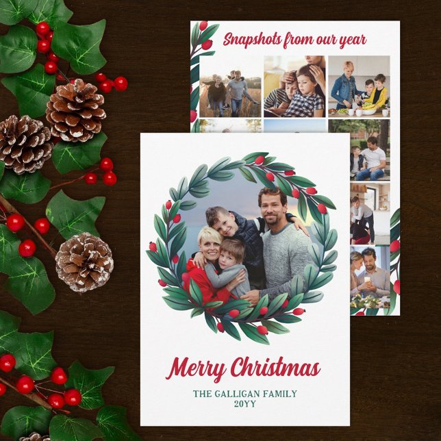 Red Berry Wreath Merry Christmas Photo Snapshots Holiday Card (Creator Uploaded)