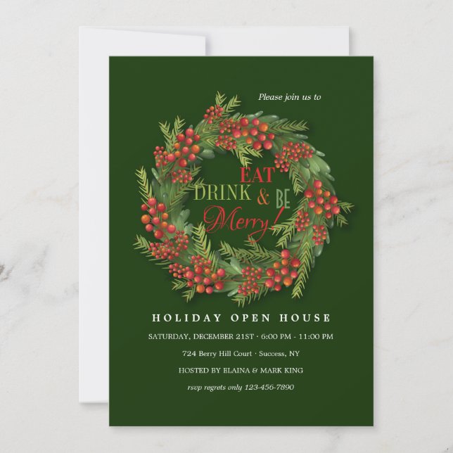 Red Berry Wreath Open House Holiday Card (Front)