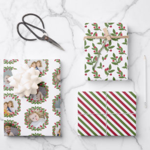 Red Berry Wreath Photo Collage Christmas Wrapping Paper Sheet