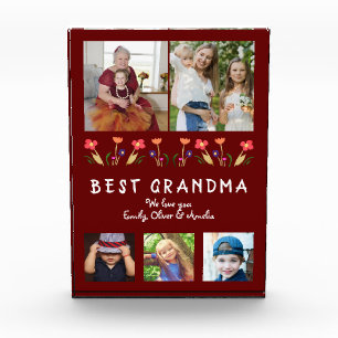 Red Best Grandma Flowers Floral Family Photo Block