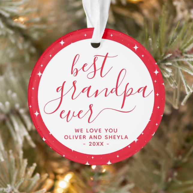 Red Best Grandpa Ever Script Stars Photo on Back Ornament (Tree)