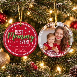Red Best Mummy Ever Script Retro Photo Christmas Ceramic Ornament