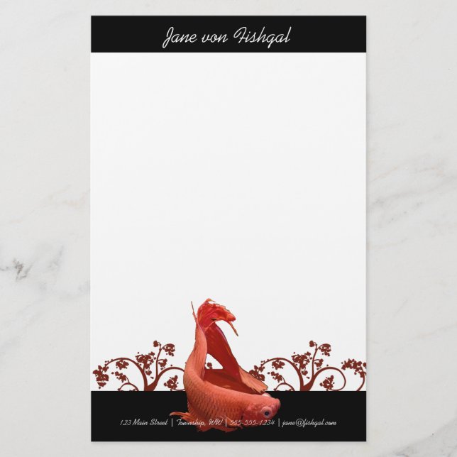 Red Betta Fish with Nature Accents Stationery (Front)
