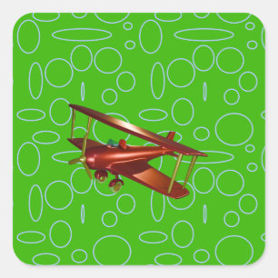 Red Bi-plane on Green Circles and Loops Square Sticker