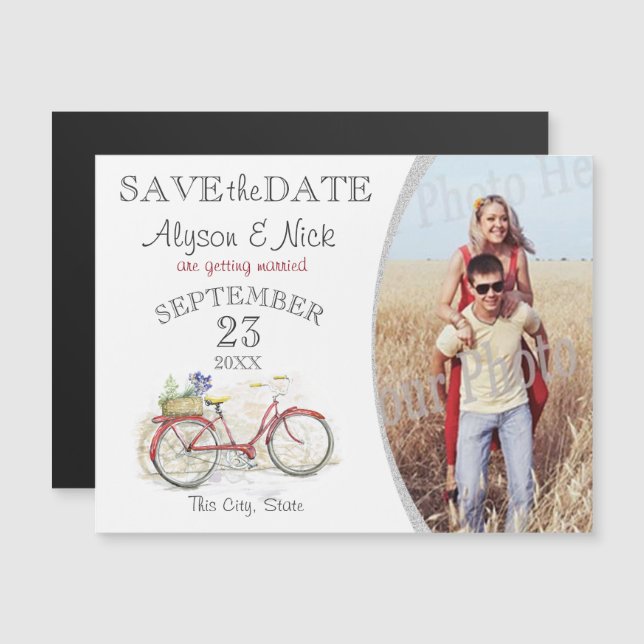 Red Bicycle Photo Save the Date Magnetic Invitation (Front/Back)