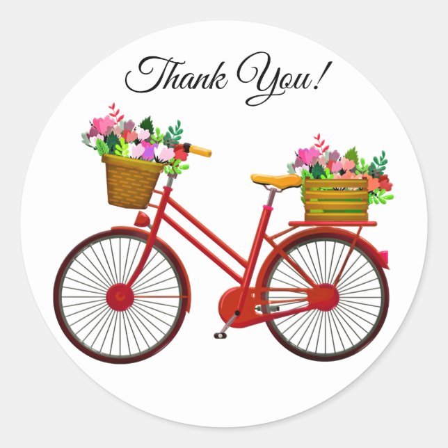 Red Bicycle With Basket Of Flowers Thank You Classic Round Sticker (Front)