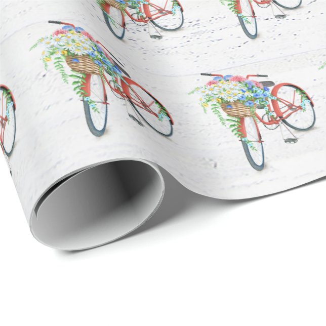 Red Bicycle with Flower Basket Wrapping Paper (Roll Corner)