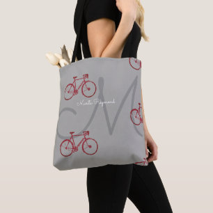 Red Bicycles with Name and Initial on Grey Tote Bag