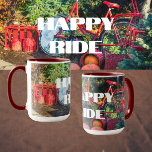 Red bike with baskets and pumpkins mug