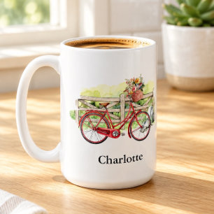 Red Bike with Flowers Watercolor Personalised Coffee Mug