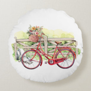 Red Bike with Flowers Watercolor  Round Cushion