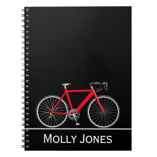 Red Bike with Name on Black  Notebook (Front)