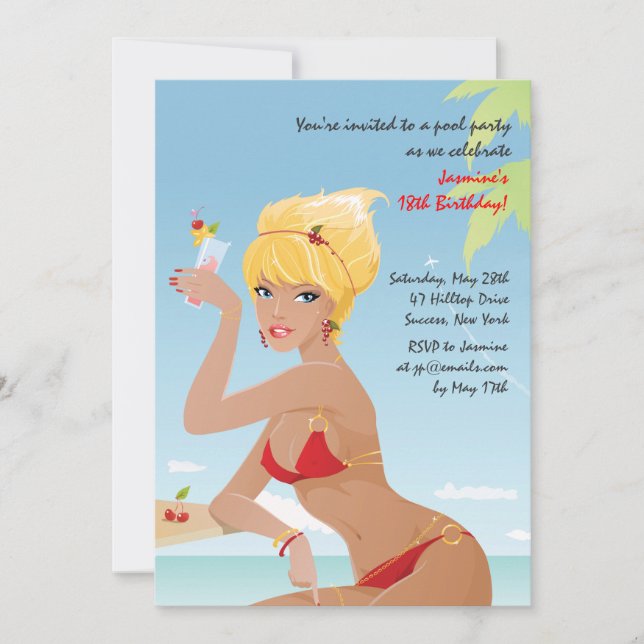 Red Bikini Girl Birthday Party Invitation (Front)