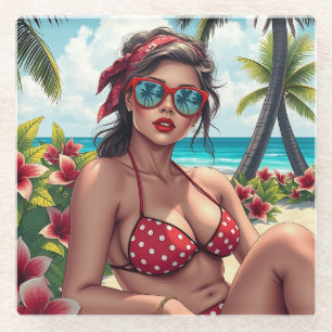 Red Bikini, Sunglasses and Bandana Woman Glass Coaster