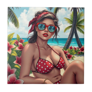 Red Bikini, Sunglasses and Bandanna Woman  Ceramic Tile