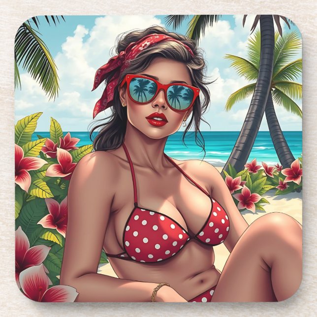 Red Bikini, Sunglasses and Bandanna Woman  Coaster (Front)