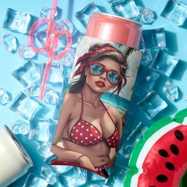 Red Bikini, Sunglasses and Bandanna Woman   Seltzer Can Cooler (In Situ Summer)