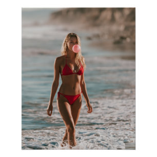 Red bikini Woman at Ocean Cute Bubble Gum Bubble Poster